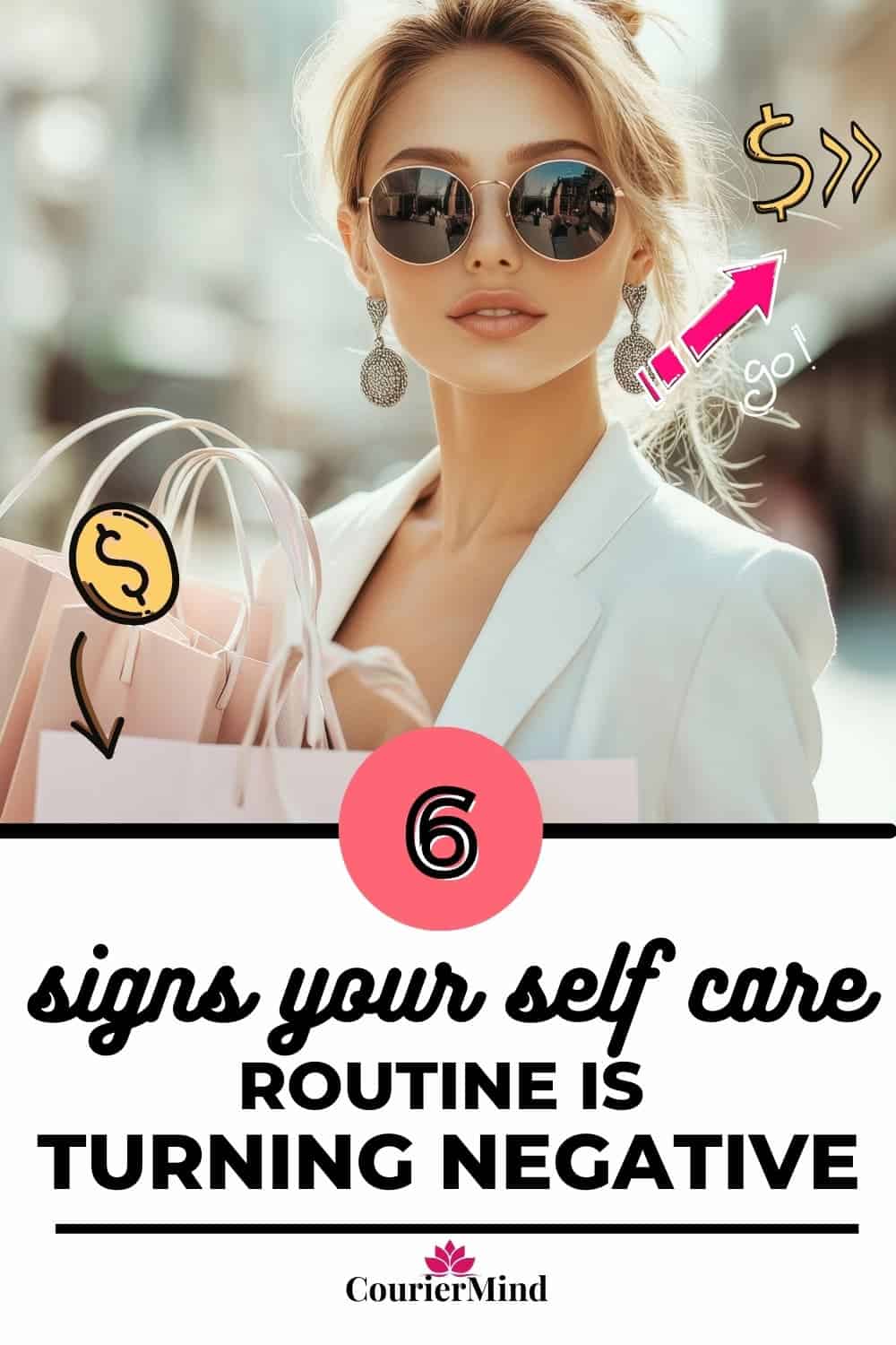 A stylish woman walks with bright pink shopping bags, reflecting retail habits that can drift into negative self care when overused.