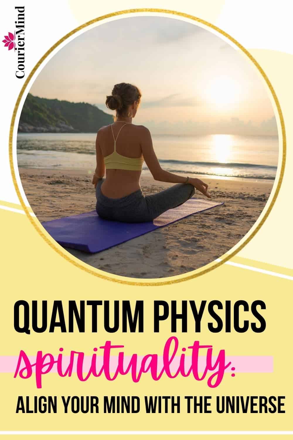 A calm woman sits in meditation by the ocean at sunrise, reflecting inner stillness connected to quantum physics spirituality.