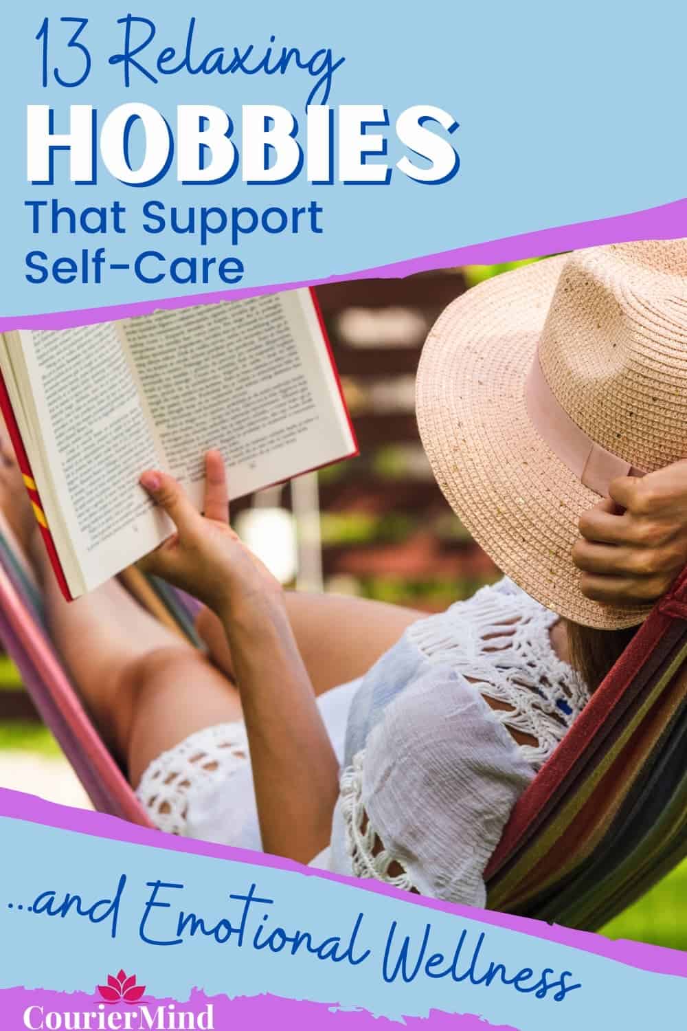 A woman in a hat relaxing in a hammock outdoors while reading — the perfect example of slow, relaxing hobbies that recharge you.