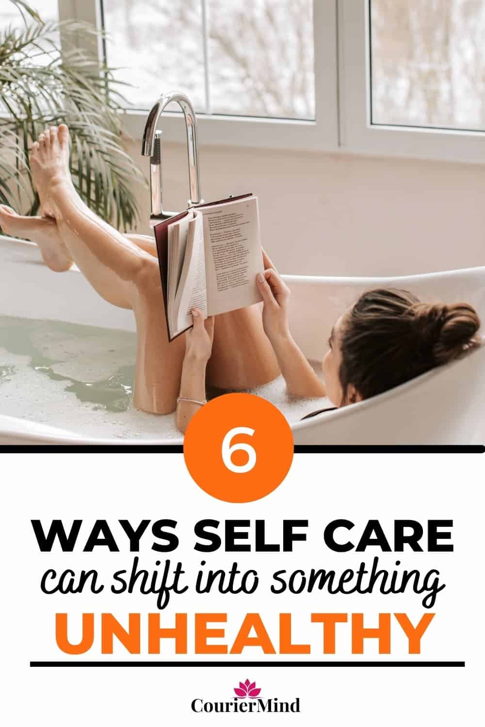 A woman enjoys a bubble bath by a window showing snow, highlighting cozy moments that may become negative self care when overused.
