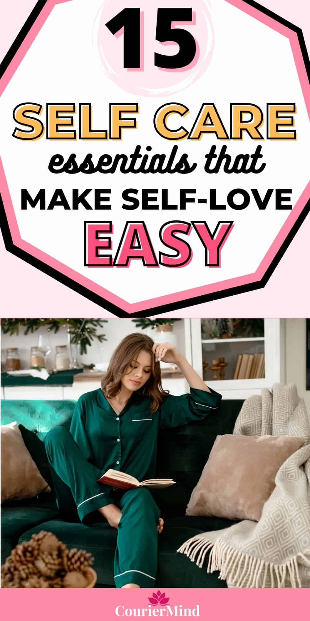 A cozy scene of a woman in green pajamas reading on the couch, with a blanket nearby, highlighting her self-care essentials.