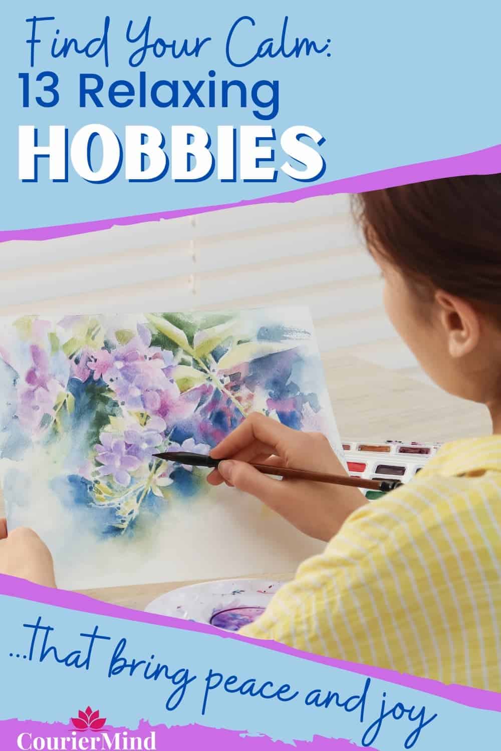 A woman painting delicate purple flowers with watercolors, highlighting how creative arts can be soothing relaxing hobbies.