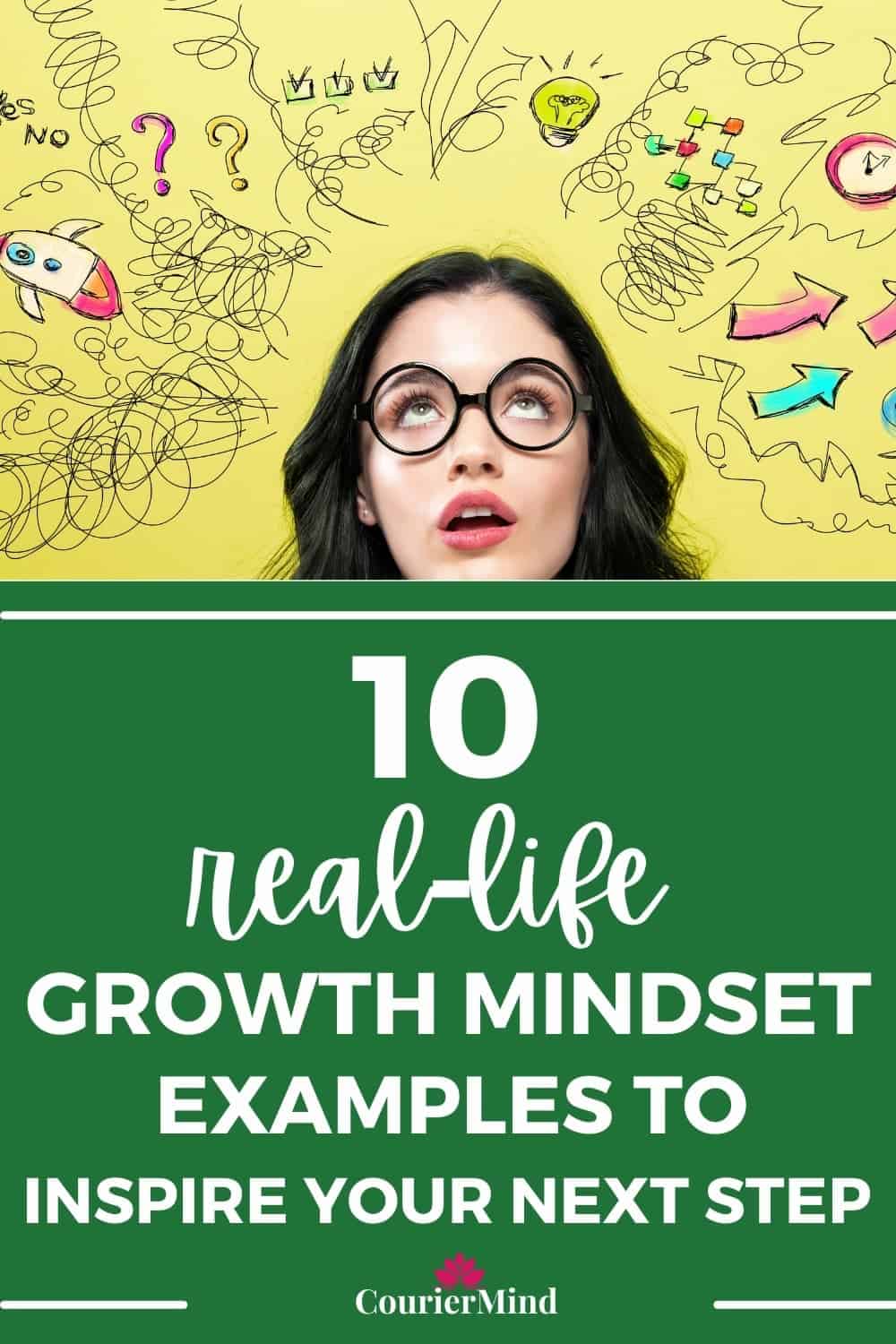 A woman looking up at a background full of ideas and symbols represents growth mindset examples of embracing questions, creativity, and new possibilities.