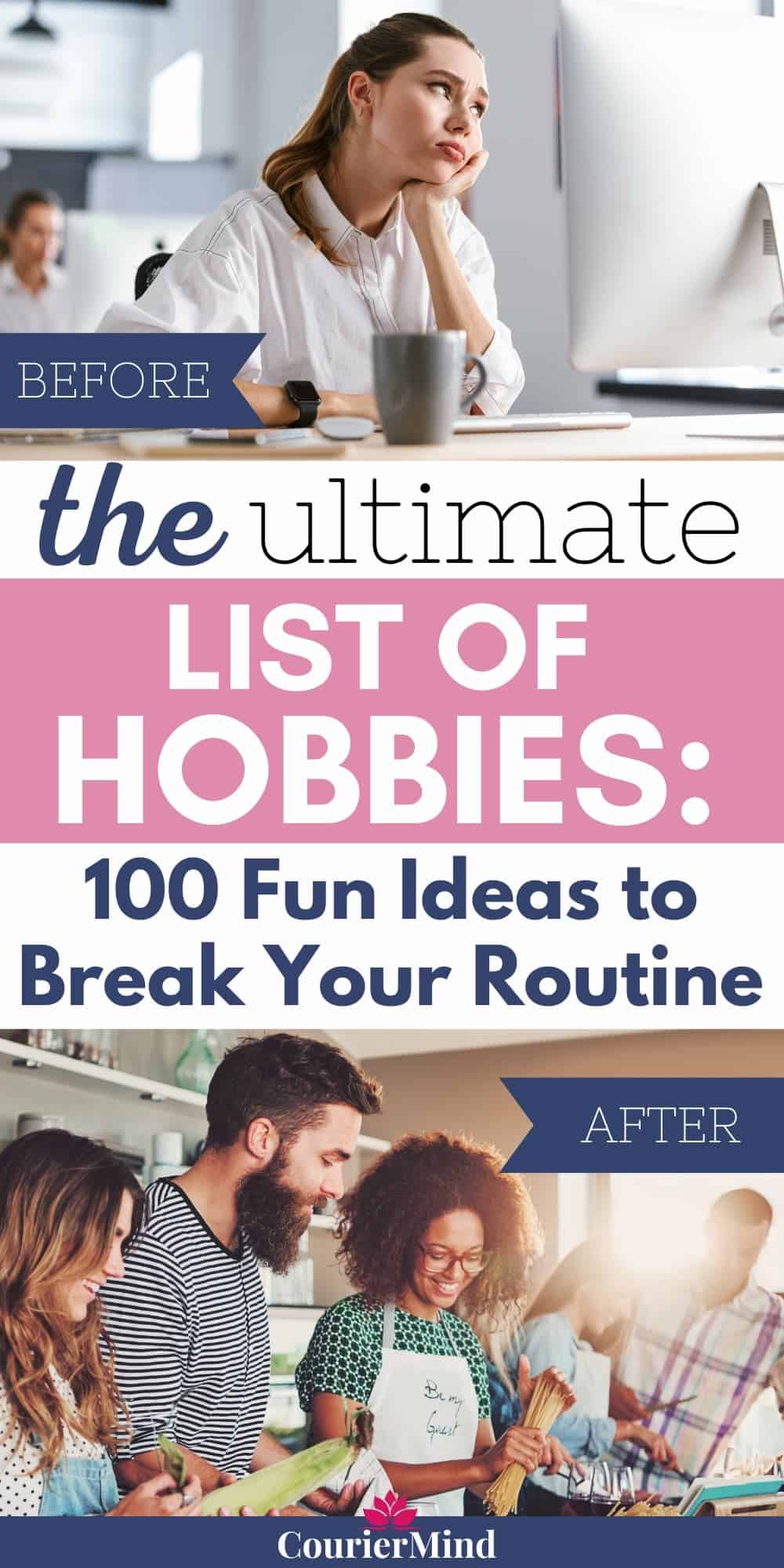 Top image shows a bored woman, while the bottom image shows a group cooking together in a class — a fun idea to add to your list of hobbies.
