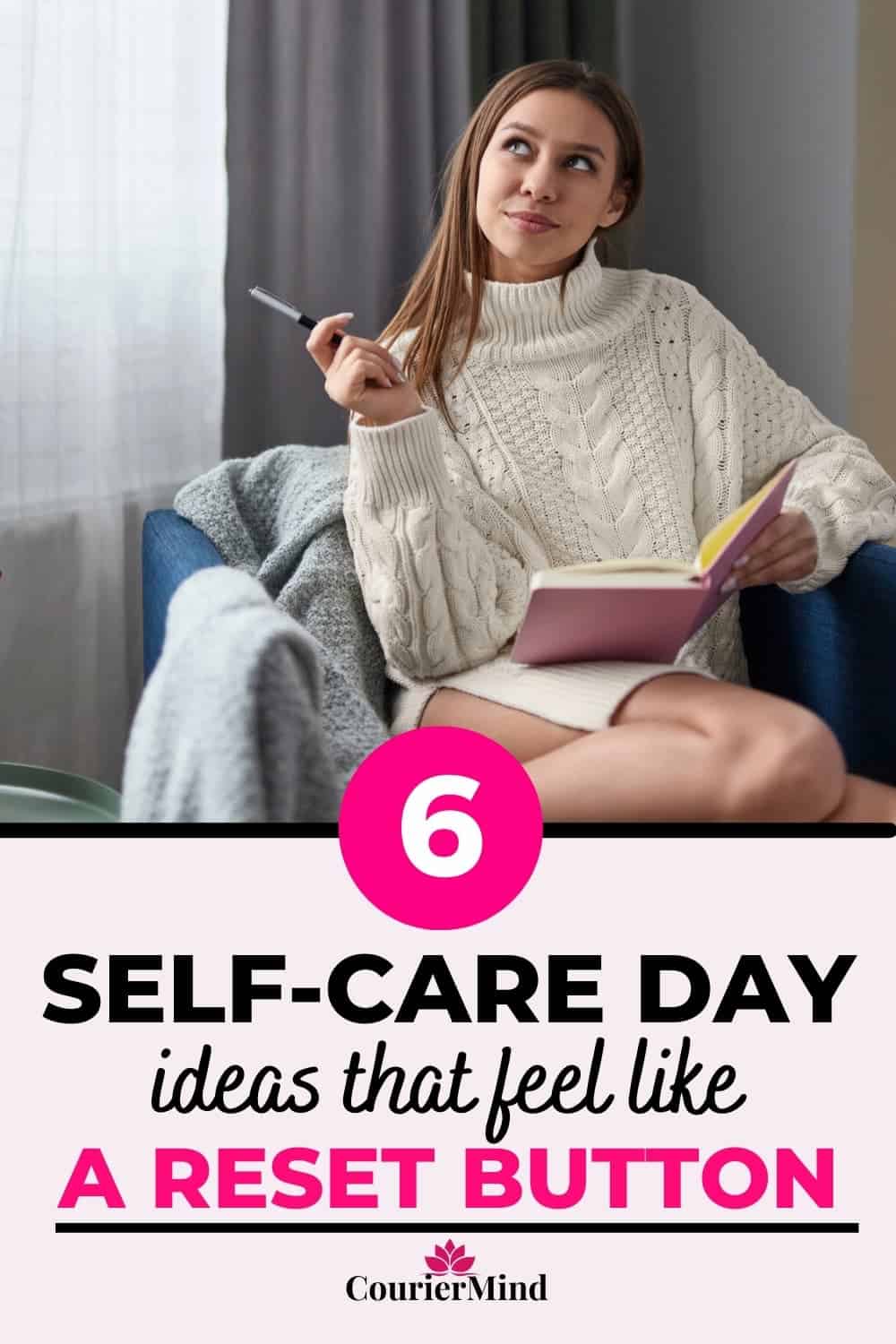 Thoughtful woman writing in a pink notebook while seated in a blue chair, enjoying a quiet self-care day at home.