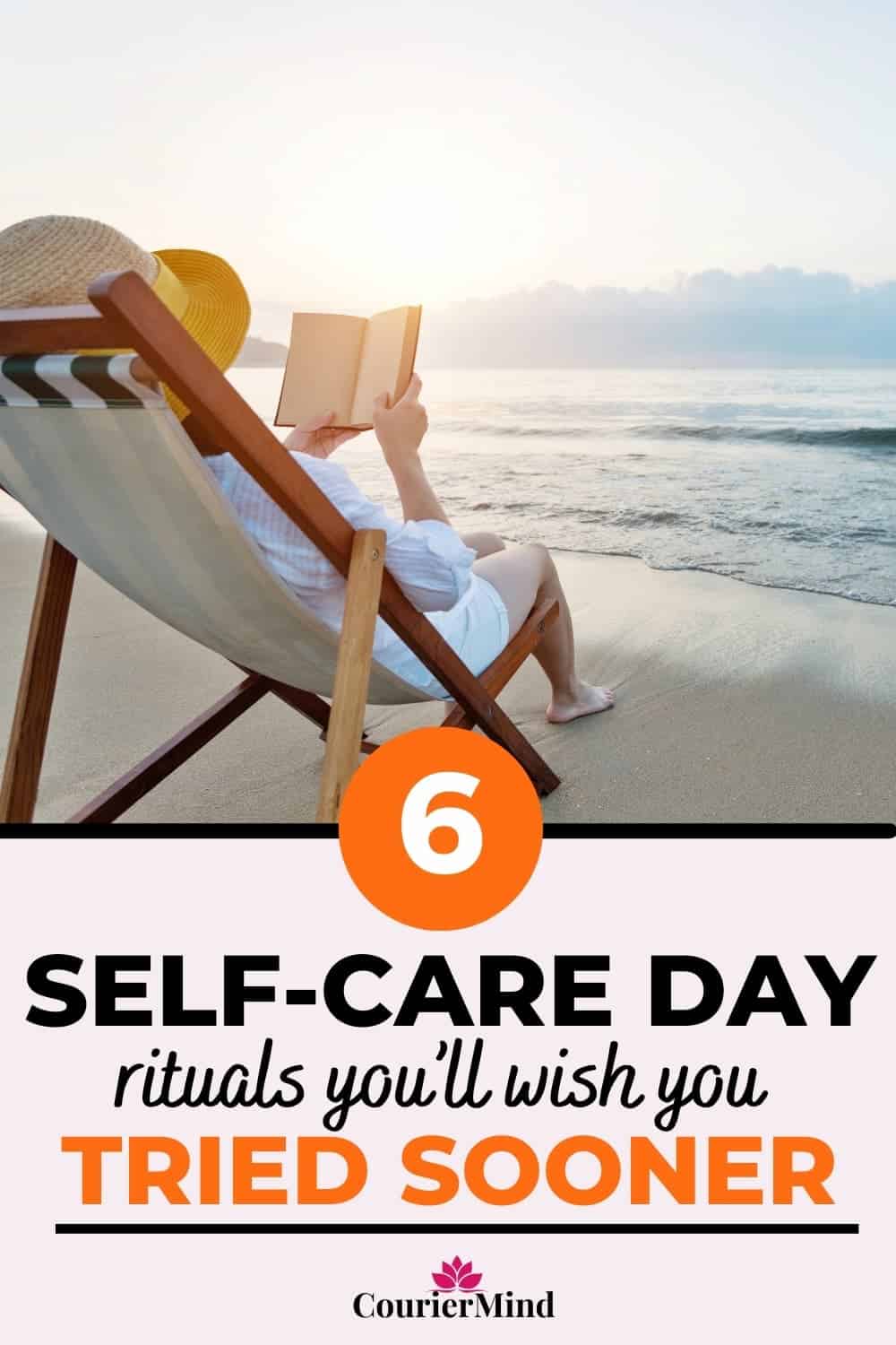 Peaceful beach scene with woman reading by the shore, embracing rest and sunshine on her self-care day.