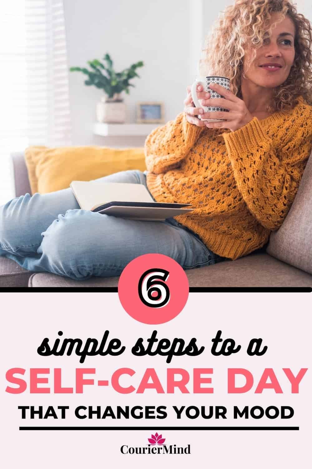 Woman in yellow sweater reading on couch with coffee mug, enjoying a cozy self-care day indoors.