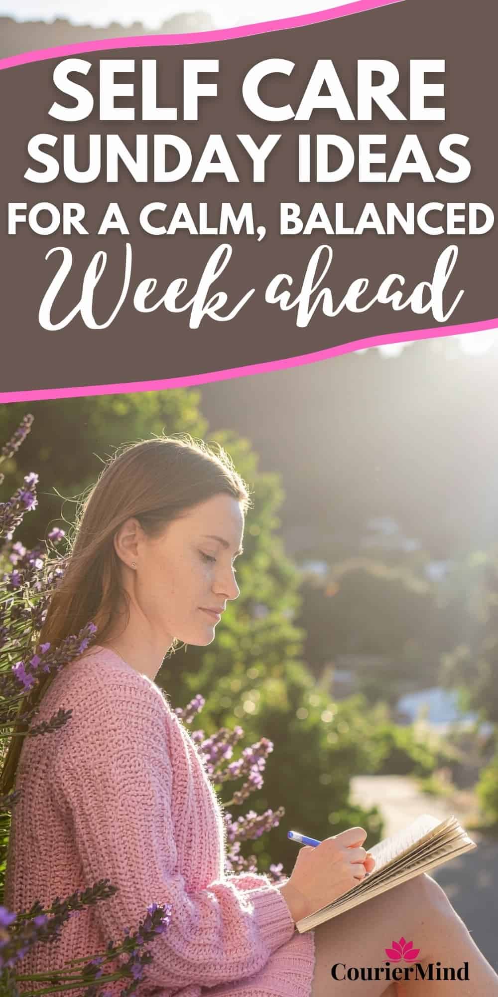 A woman in a pink sweater writes in a notebook outside, embracing reflection and calm as part of her self care Sunday routine.