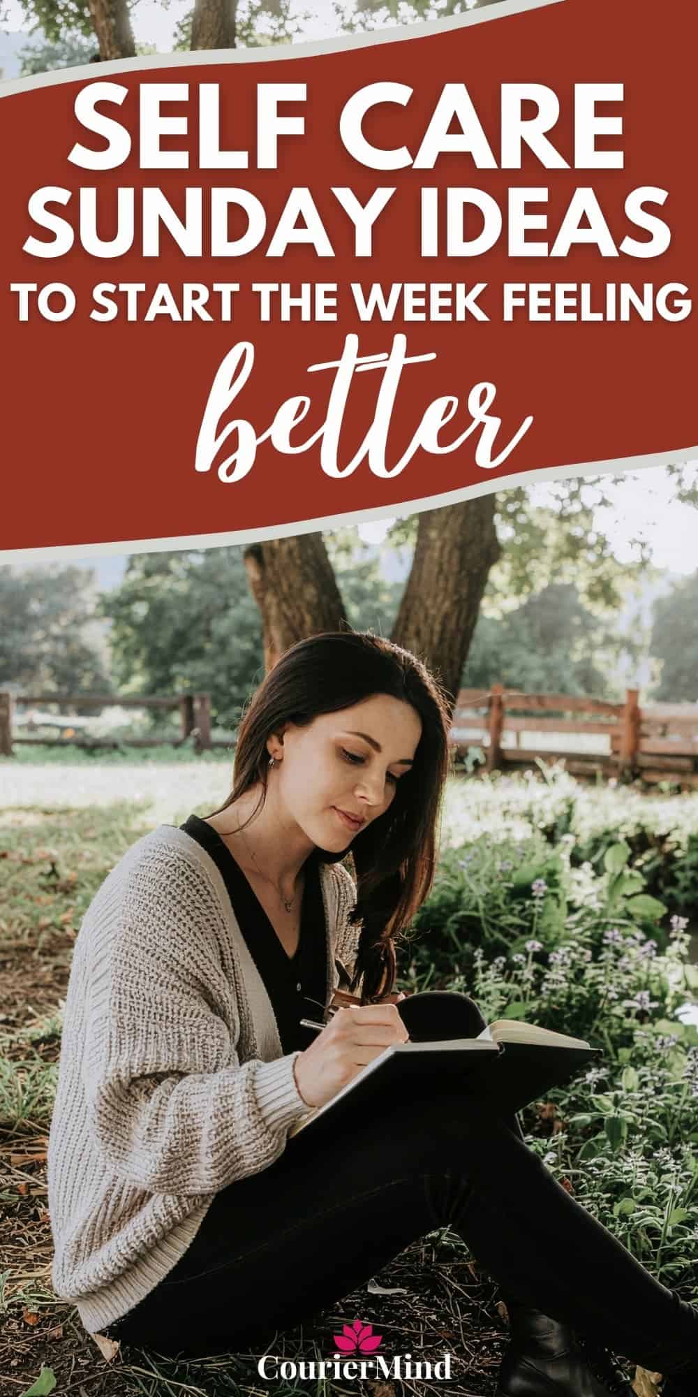 A woman journaling outdoors in natural light, practicing mindfulness during a slow and intentional self care Sunday.