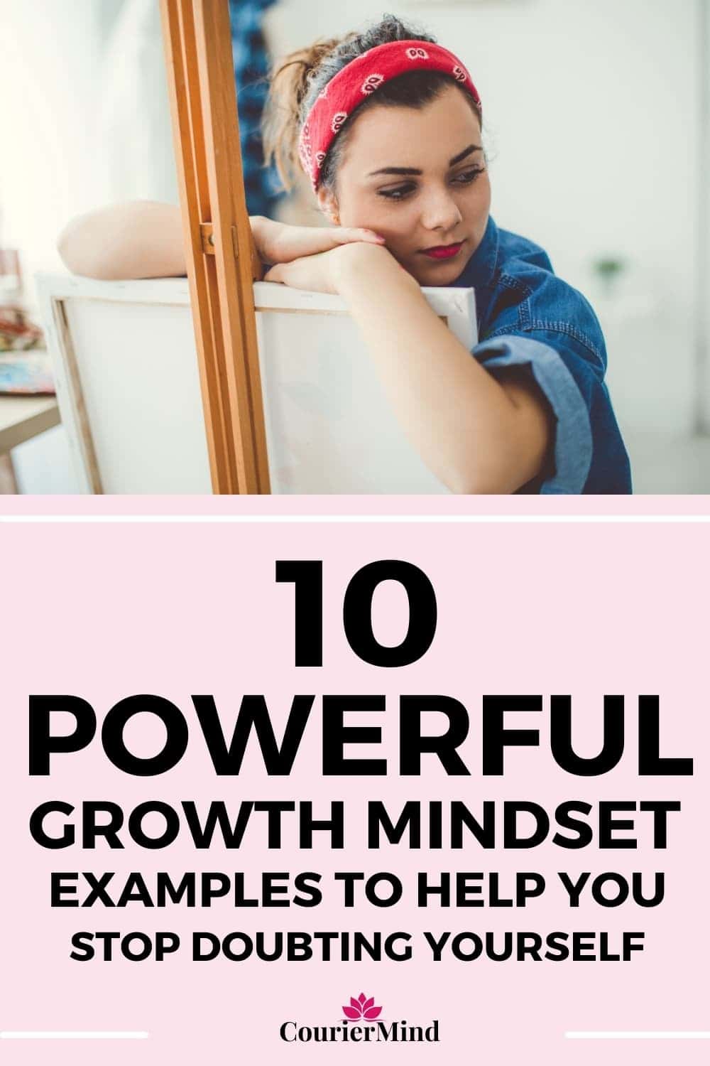 A woman taking a thoughtful break from painting reflects growth mindset examples of learning and growing through creative challenges.