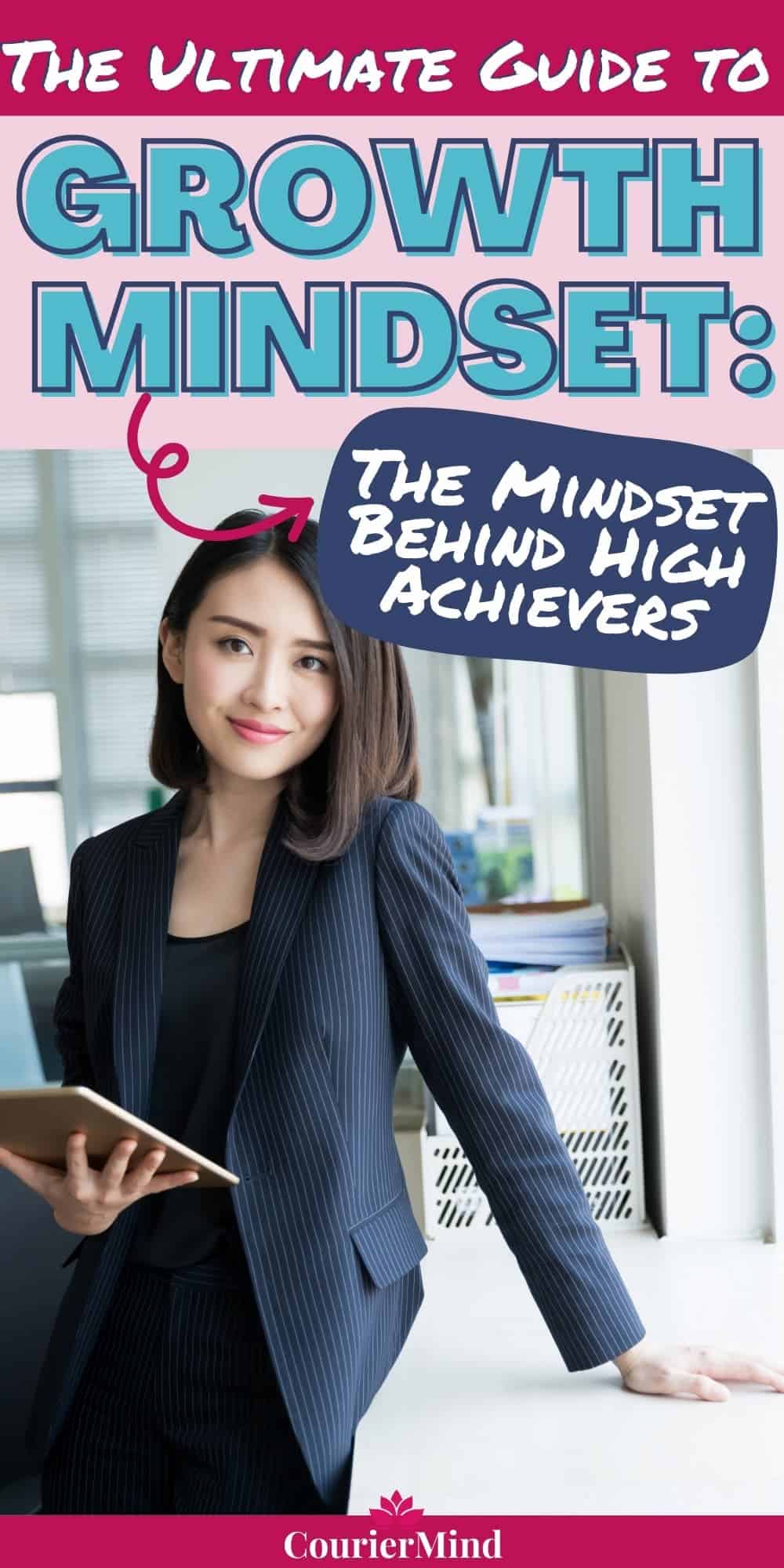 A confident woman in business attire holds a tablet, representing self-belief and progress highlighted in the ultimate guide to growth mindset.