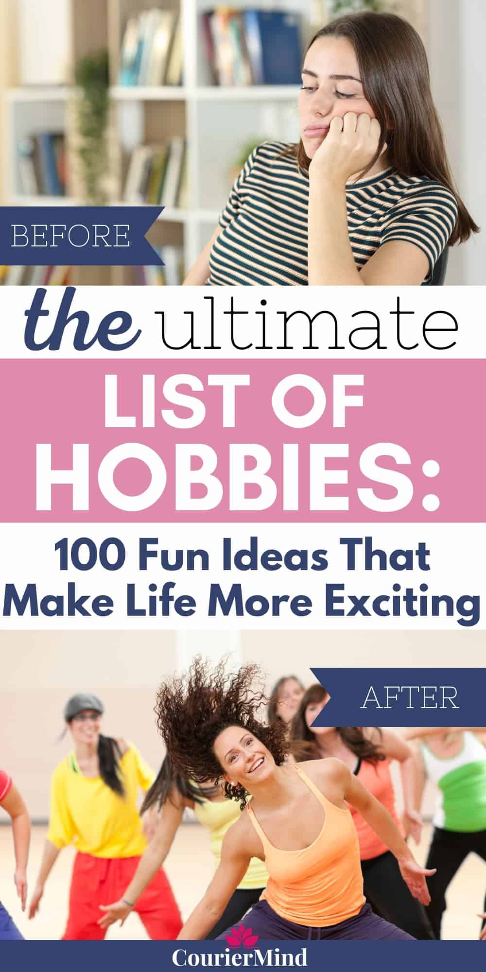 Top image shows a bored woman, while the bottom image shows women dancing in a studio — an energetic activity from a list of hobbies to try.