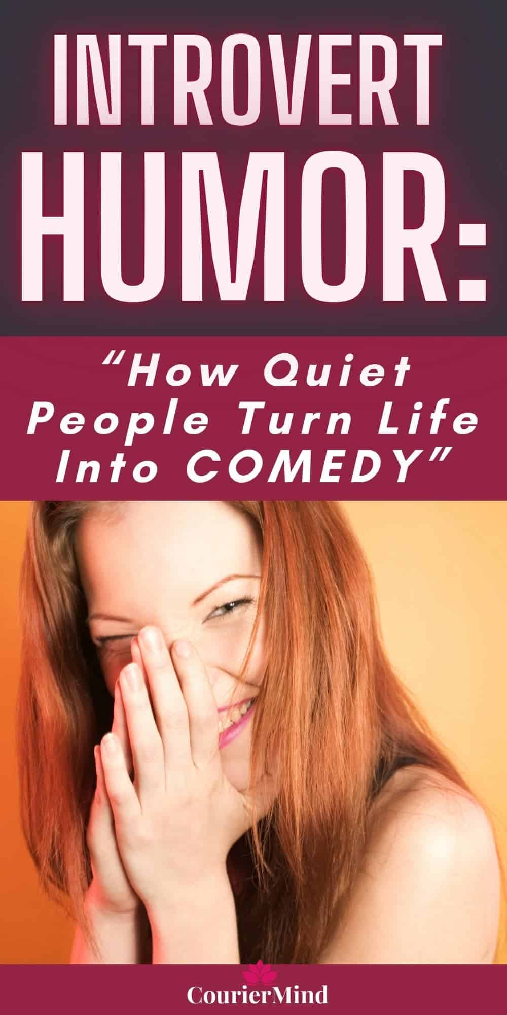 A woman laughs while covering her mouth against an orange background, capturing shy yet genuine introvert humor.