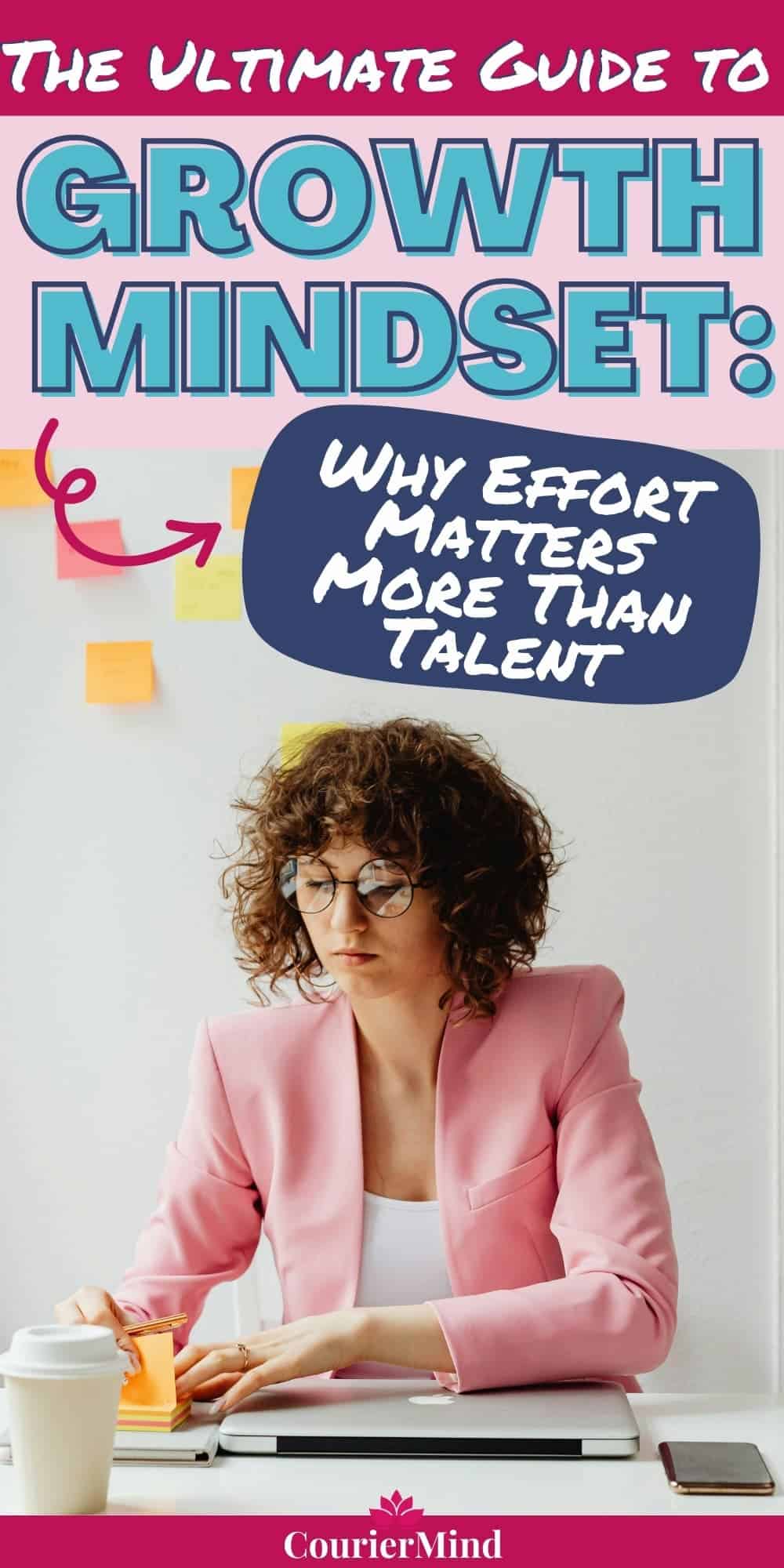 A woman working at her desk reaches for a sticky note, symbolizing focus, goal-setting, and persistence found in the ultimate guide to growth mindset.