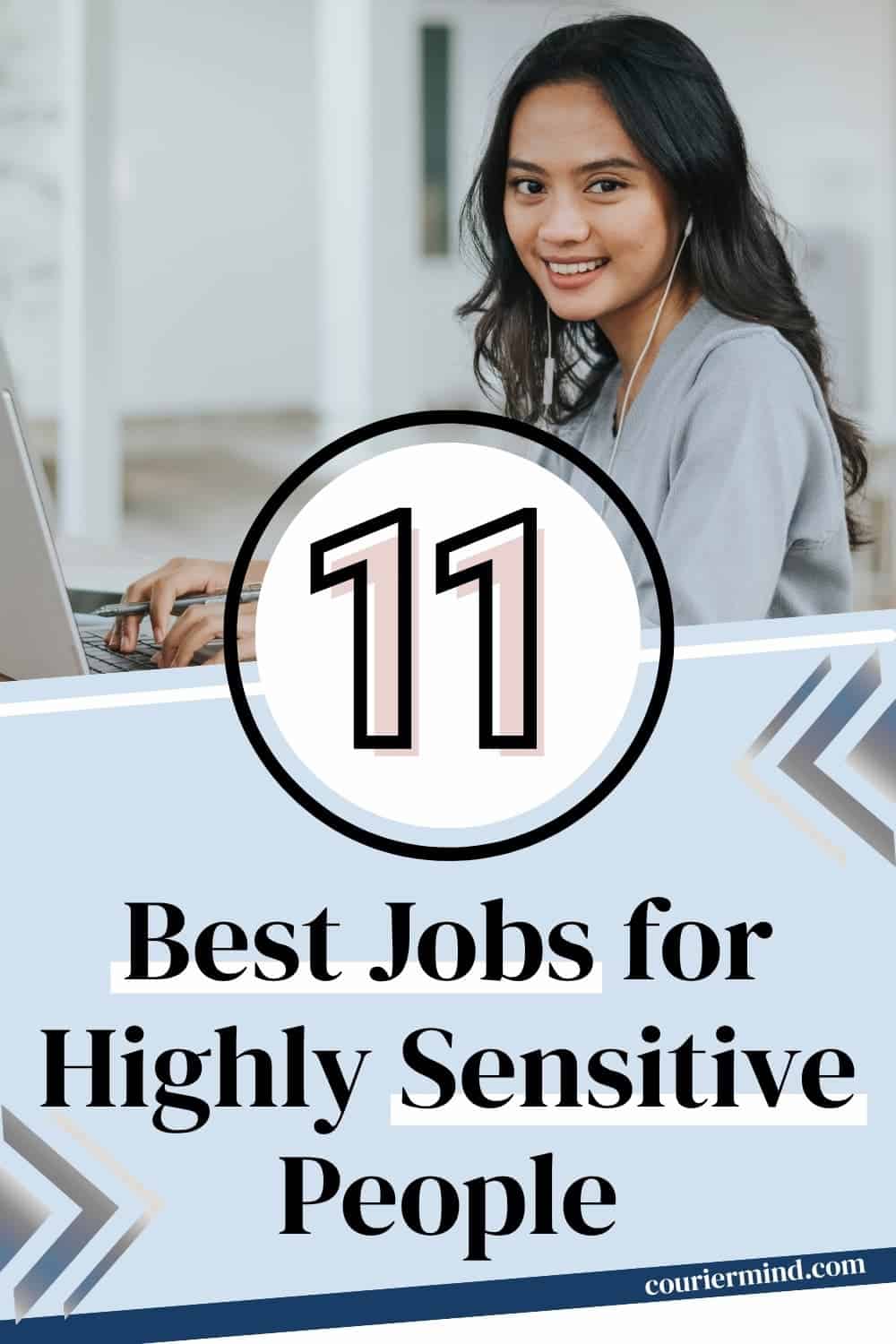 Smiling woman typing with headphones, showing peaceful work style in best jobs for highly sensitive people.