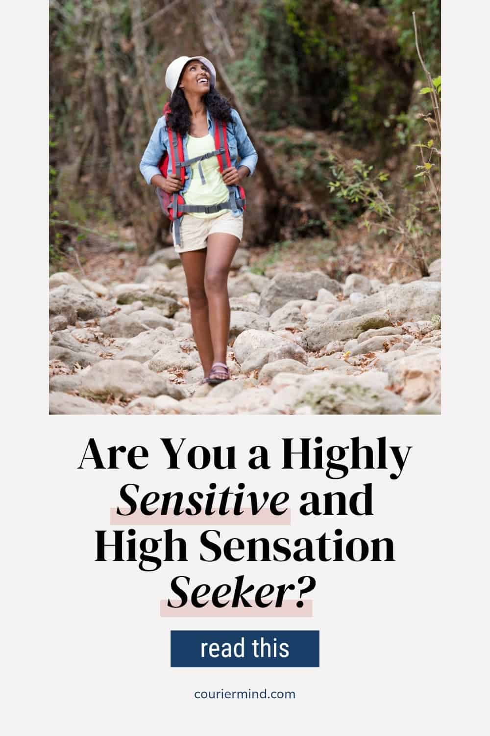 Woman hiking through forest with backpack, embodying highly sensitive and high sensation seeker traits.