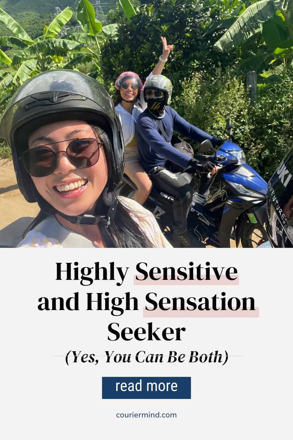 Smiling woman riding scooter and taking selfie, embodying a highly sensitive and high sensation seeker lifestyle.