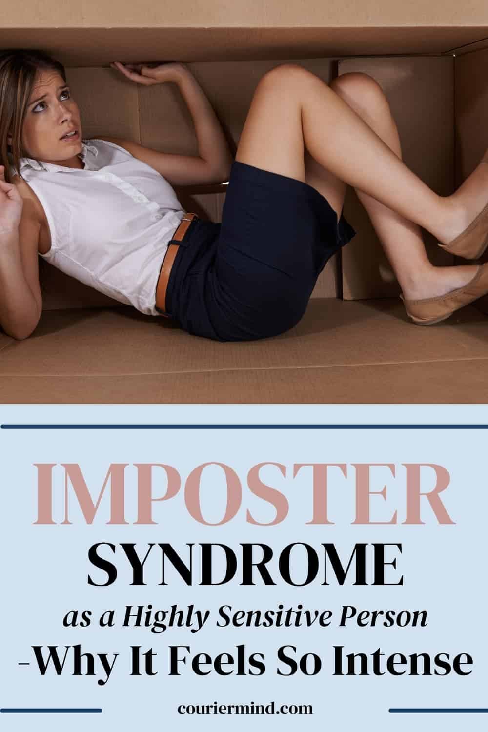 Abstract pose of woman in box, illustrating internal pressure in overcoming imposter syndrome as a highly sensitive person.