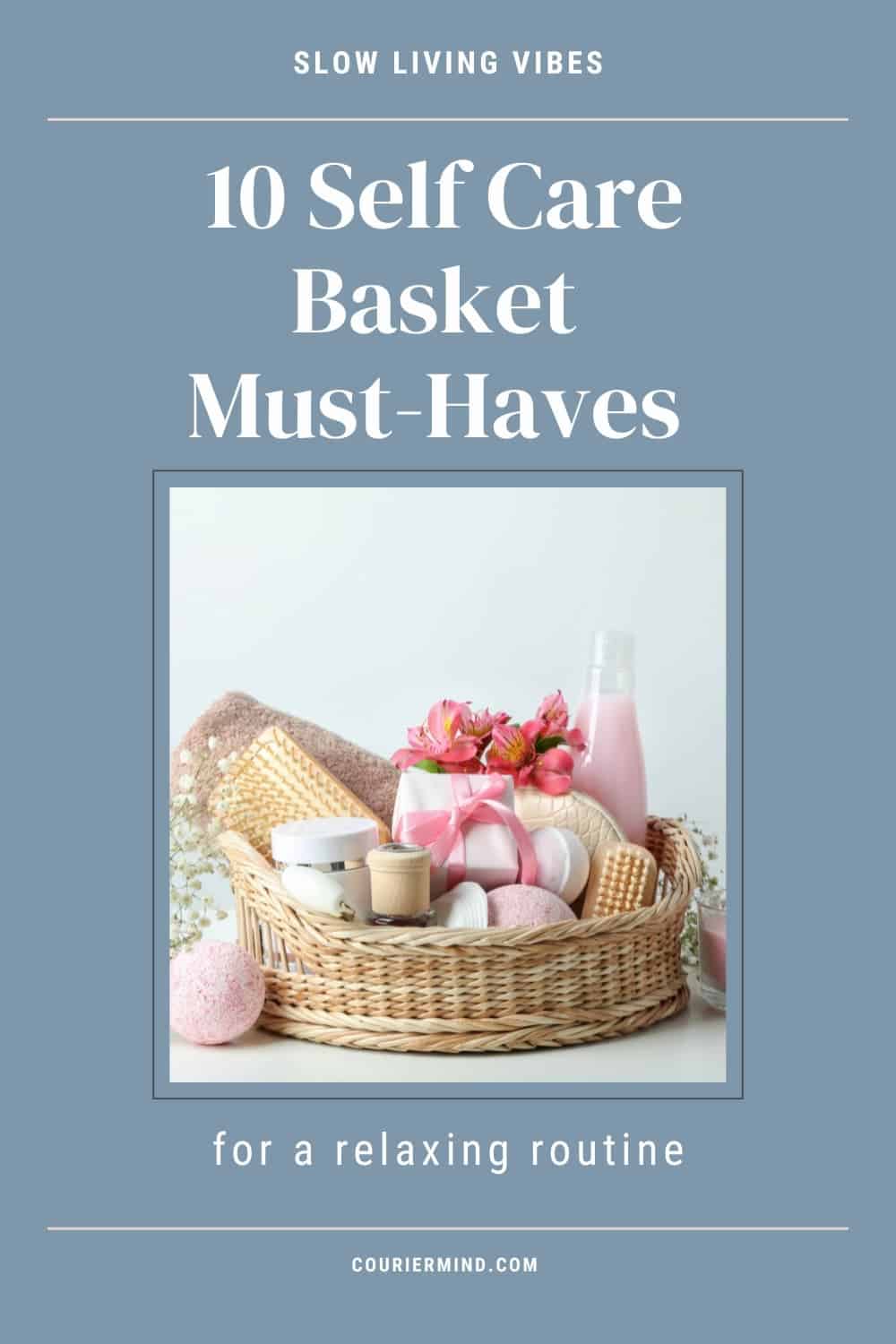 Woven self-care basket filled with wellness items, skincare products, and decorative flowers.