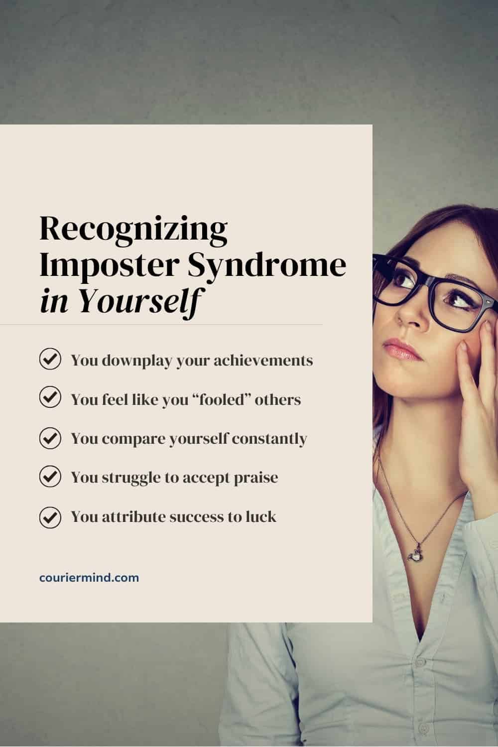 Thoughtful woman touching face and looking upward, reflecting self-doubt in overcoming imposter syndrome as a highly sensitive person.