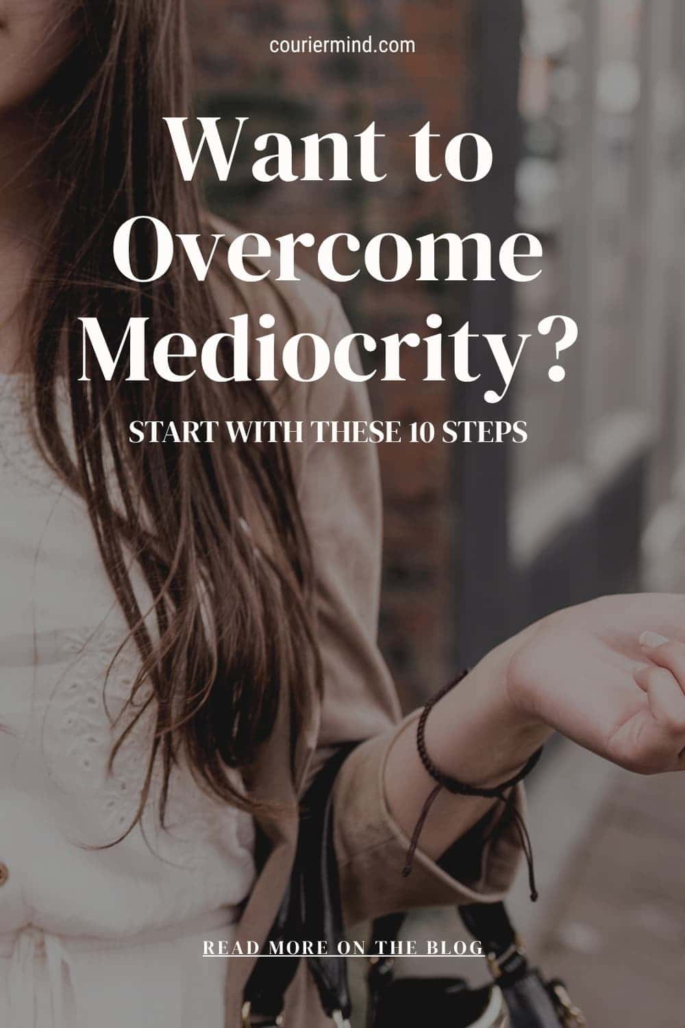 Woman in stylish outfit extending hand forward, symbolizing confidence and choice to overcome mediocrity.