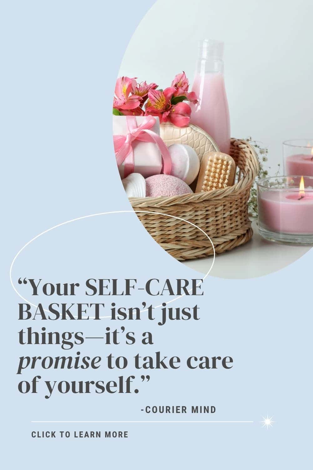 A decorative self-care basket featuring pink-toned beauty items, soaps, and calming floral details.