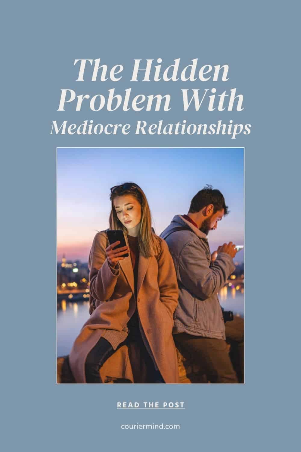 Couple sitting back-to-back on phones at dusk, illustrating emotional disconnection in mediocre relationships.