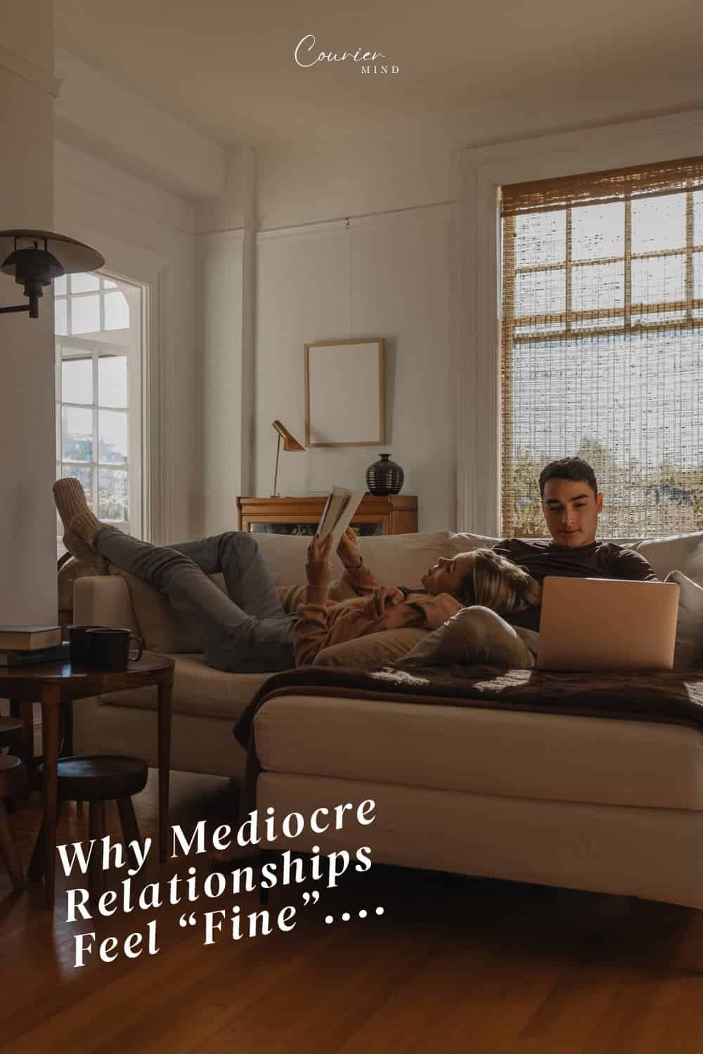 Couple relaxing separately on a sofa, reflecting routine and distance in mediocre relationships.