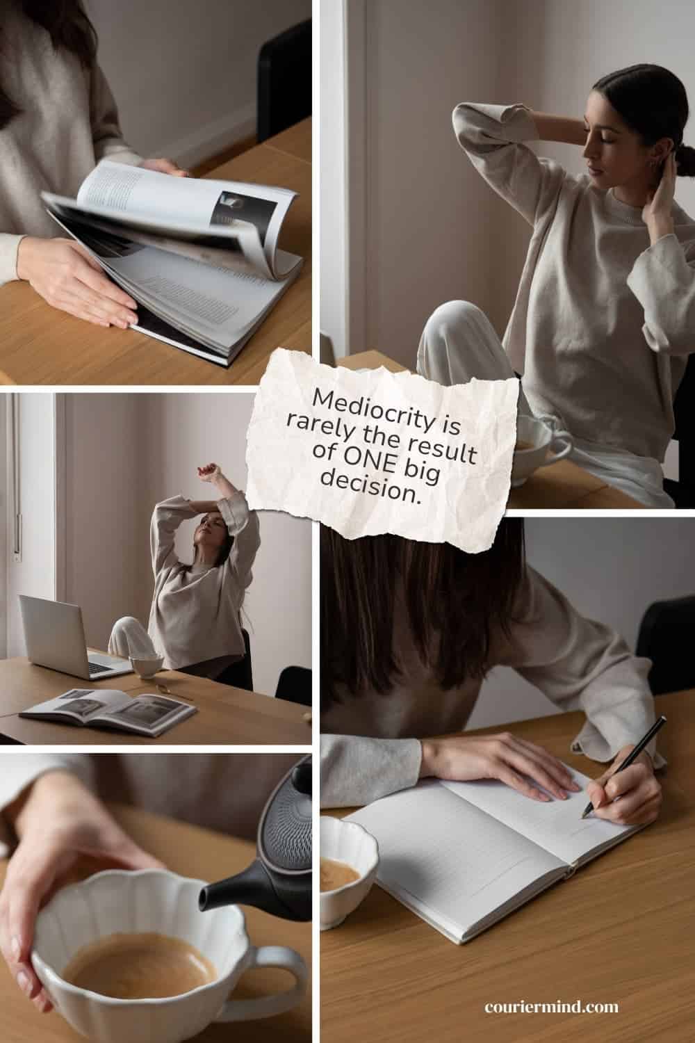 Mood board showing a woman working from home and going about her daily routines.