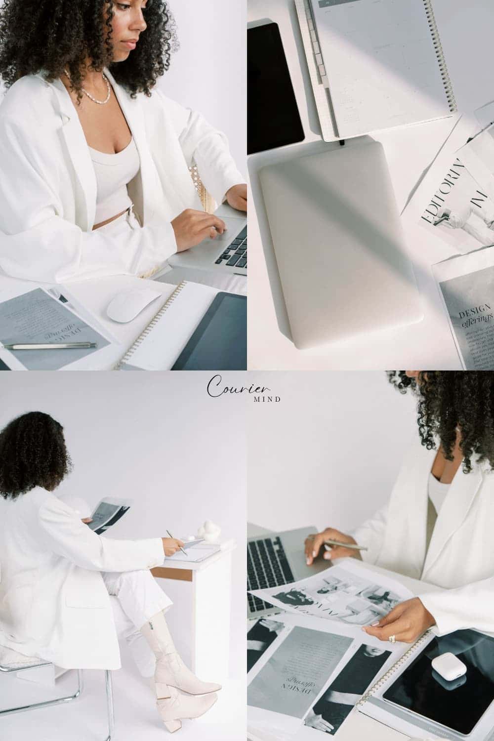 A mood board with four images of a woman working, including scenes at a desk and office setting.