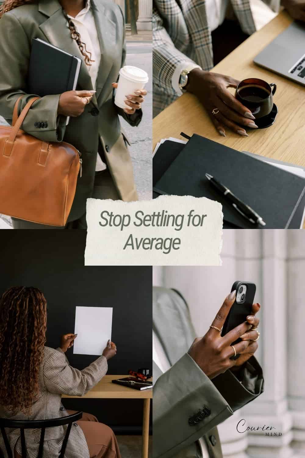 Mood board showing a professional woman's daily routine in a large city, illustrating habits and mindset shifts to overcome mediocrity.