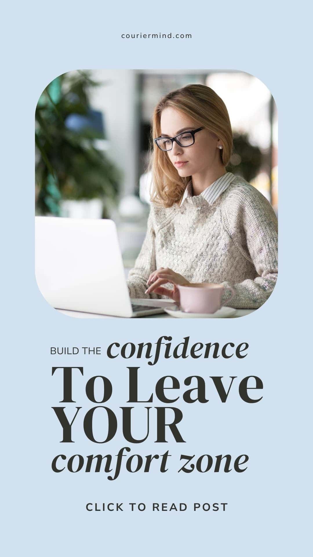 A woman wearing glasses and a sweater types on a laptop with a cup of coffee beside her.