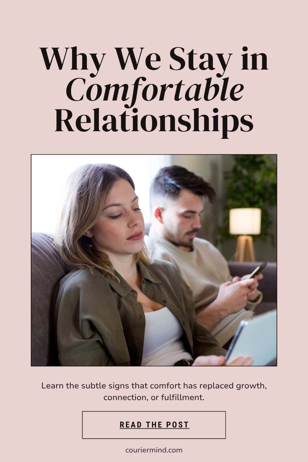 A couple sits on a couch using separate devices, with the woman looking at a tablet and the man using a phone.