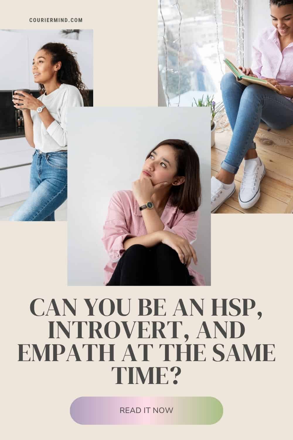 Three images of women reading, drinking tea, and reflecting.
