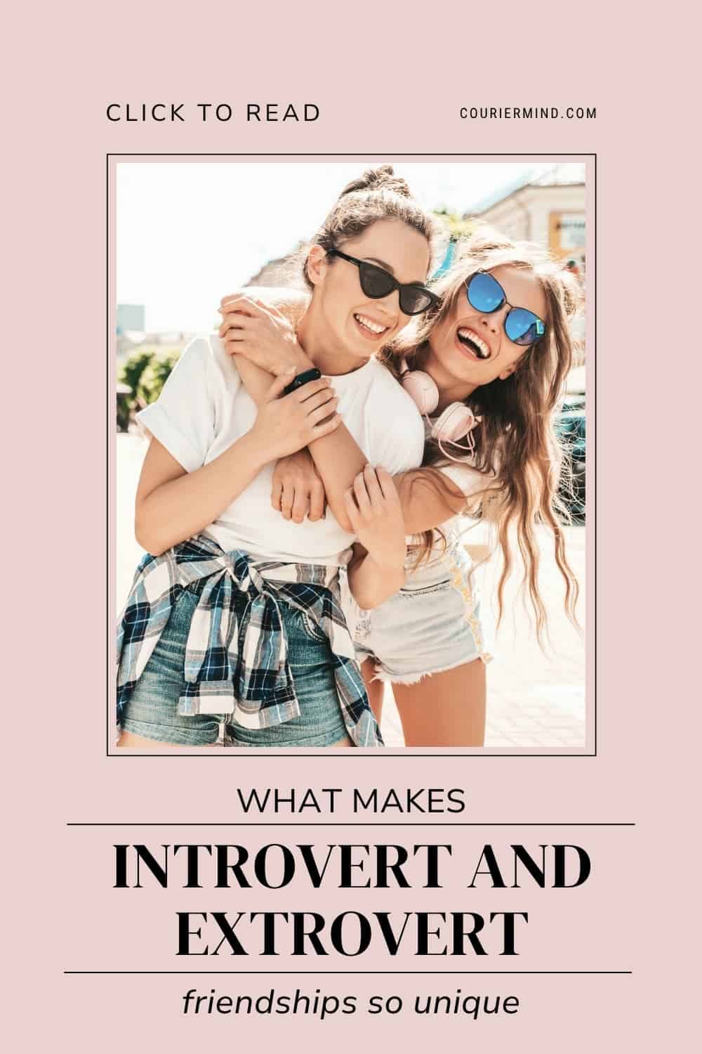 Two friends wearing sunglasses smile and hug outdoors.