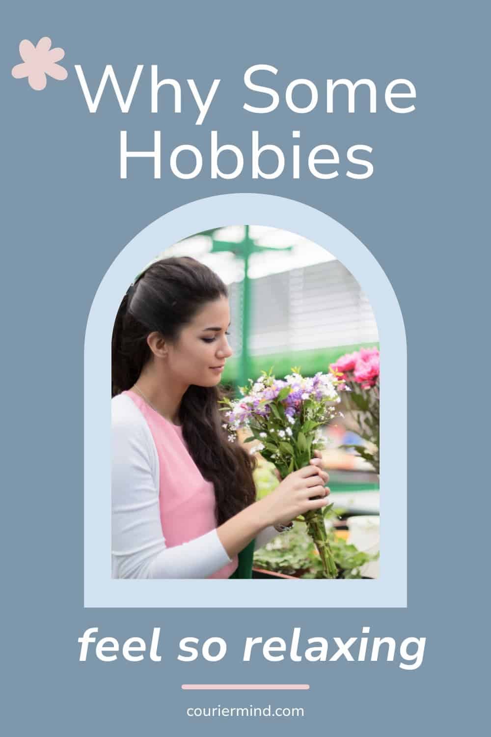 A woman holding a bouquet of flowers, with greenery and flowers in the background.