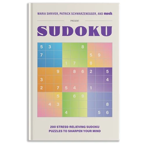 A book cover of Sudoku by Maria Shriver, Patrick Schwarzenegger and Mosh.